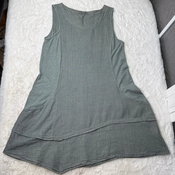 Cut Loose Linen Asym Tunic Dress M Sage Green Sleeveless Pocket Tiered Lagenlook - Picture 6 of 17